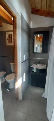 a bathroom with two sinks and a toilet and a mirror at Cabañas Seru in El Bolsón