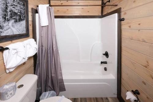a bathroom with a tub and a toilet and a shower at Majestic Pines Lodge in Sevierville