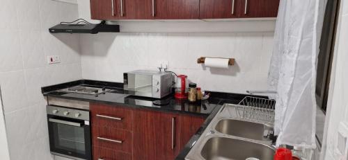 una pequeña cocina con fregadero y microondas en Shalom Apartments Kalumbila, en Musele