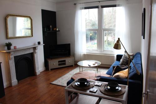 a living room with a couch and a fireplace at Flat 5, Westhill in Leeds