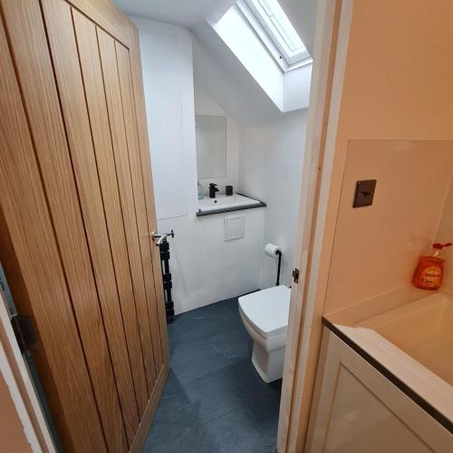 a bathroom with a white toilet and a skylight at Ness City Cottage - Attic Apartment in Inverness