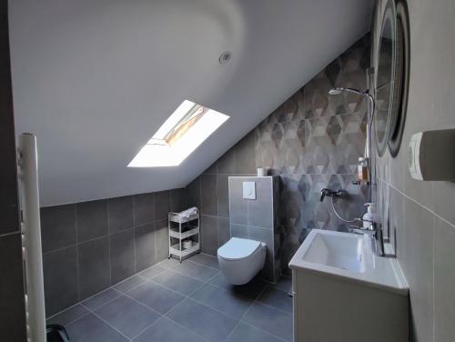 a bathroom with a toilet and a sink and a skylight at FERA Apartments in Sarajevo