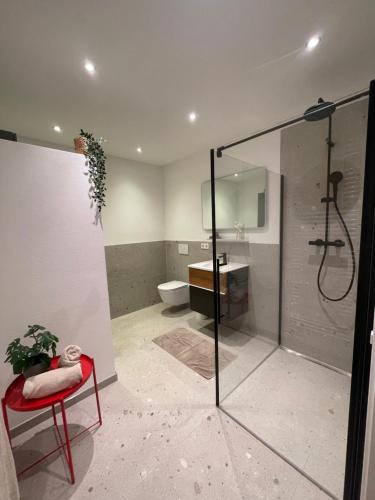 a bathroom with a shower and a toilet and a red chair at Loft inmitten der Altstadt in Wangen im Allgäu