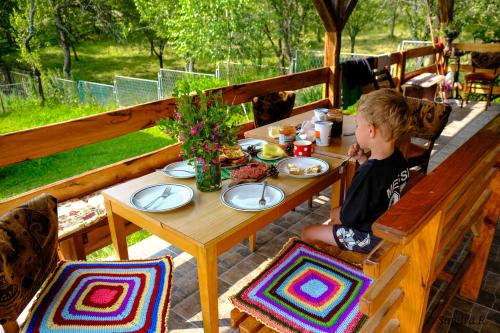 a young boy sitting at a table with food on it at Kras village 