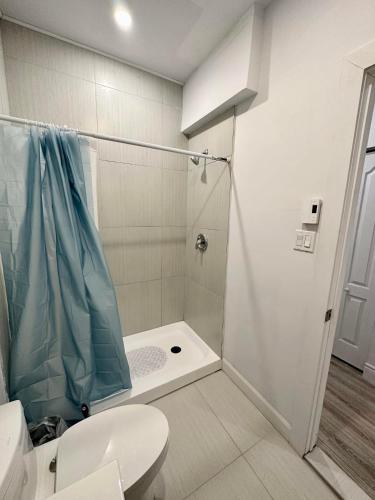 a bathroom with a shower with a toilet and a sink at Appartement 1 chambre - 201 in Montréal