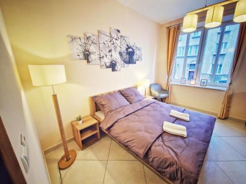 a bedroom with a bed and a window at Summer Apartment in Przemyśl