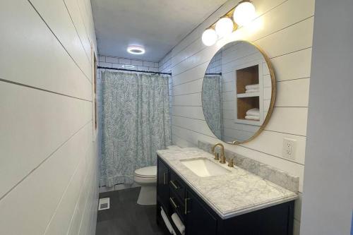 a bathroom with a sink and a mirror and a toilet at Spacious Midtown Ranch- 10 min to Wrightsville in Wilmington