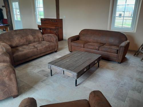 - un salon avec des canapés en cuir et une table basse dans l'établissement Domaine Cosme, à Le Noyer-en-Ouche