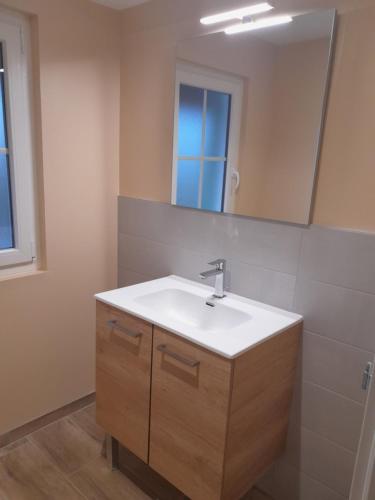 a bathroom with a sink and a mirror at Domaine Cosme in Le Noyer-en-Ouche