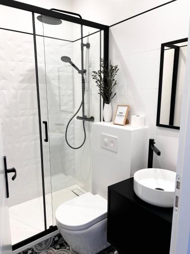 une salle de bain avec une douche, des toilettes et un lavabo dans l'établissement Un T3 sur le port de La Ciotat, à La Ciotat