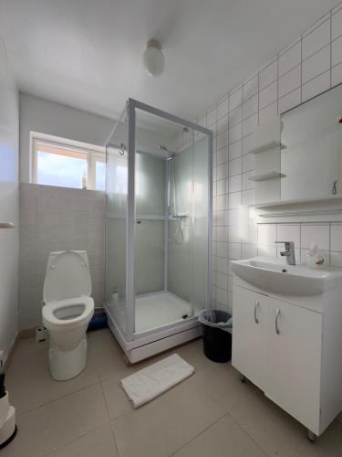 uma casa de banho com um chuveiro, um WC e um lavatório. em Fagrabrekka Private Room em Stadur