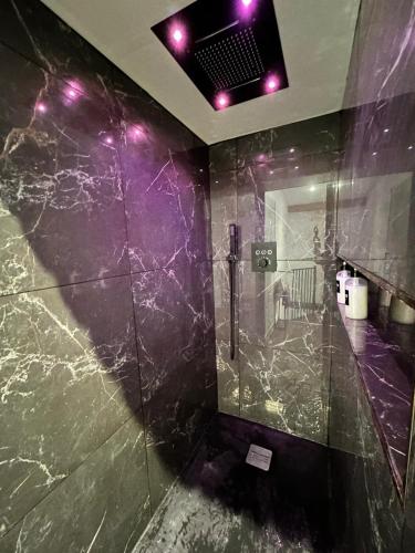 La salle de bains est pourvue d'une douche en verre avec des murs en marbre violet. dans l'établissement Maison suspendue avec jacuzzi privatif, à Pont-en-Royans