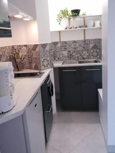 een keuken met een zwart-wit aanrecht en een wastafel bij Studio centre Bagnoles in Bagnoles de l'Orne