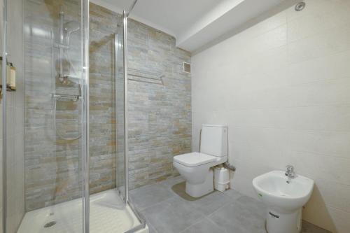 a bathroom with a shower and a toilet and a sink at Casa de Cardigos in Cardigos