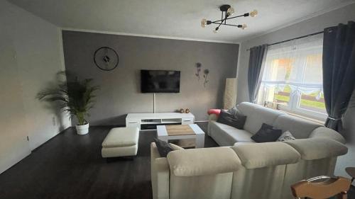 sala de estar con sofá y TV en Ferienwohnung am Chursbach en Callenberg