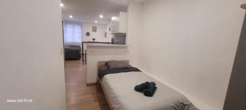 a small room with a bed in a white wall at Studio Petit Battant Wifi Supercentre Très calme in Besançon