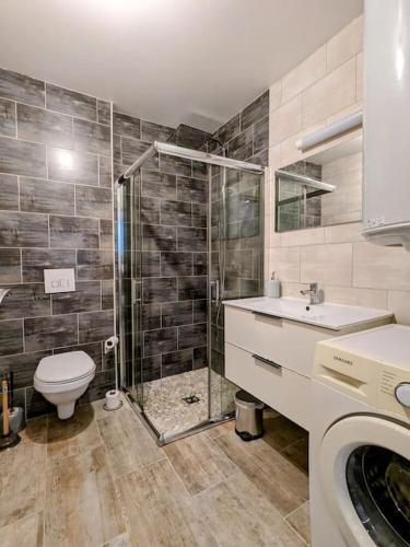 une salle de bain avec une douche, des toilettes et un lavabo dans l'établissement Nationale 7, route des vacances, à Le Coteau