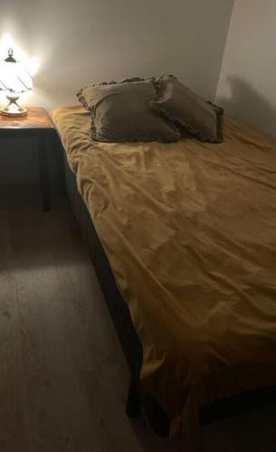 Cama con almohada y mesa con lámpara en A new apartment close to City, en Boden