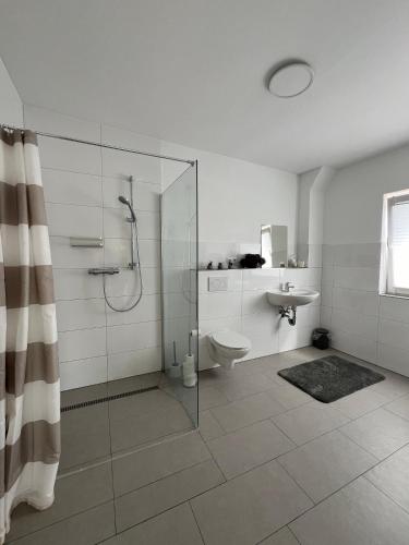 ein Bad mit einer Dusche, einem WC und einem Waschbecken in der Unterkunft HOME OF VACATION - Ferienhaus bei Celle nähe Hannover - FREE WIFI & Netflix in Adelheidsdorf