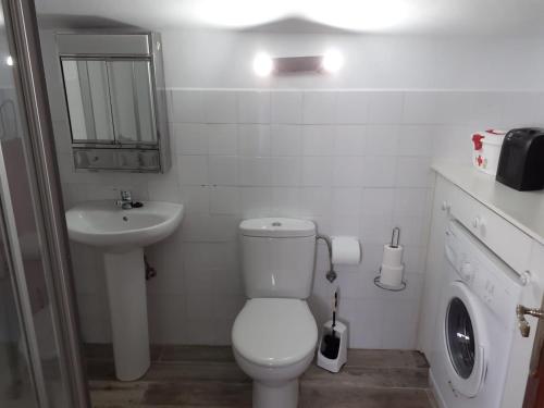 a white bathroom with a toilet and a sink at Apartamentos Santillán in San Vicente de la Barquera