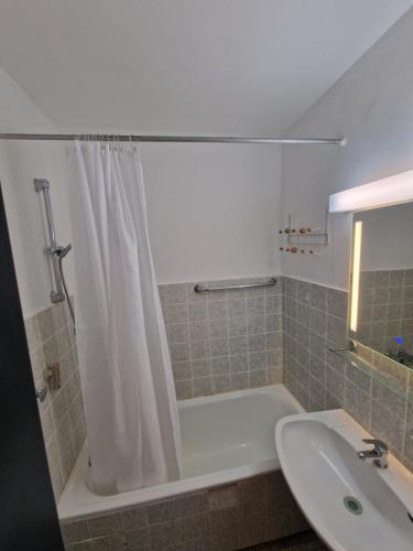 a bathroom with a shower curtain and a sink at Apartment Darmstadt Mitte in Darmstadt