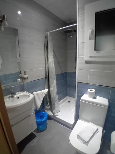 a bathroom with a shower and a toilet and a sink at Hotel Sant Jordi in Segur de Calafell
