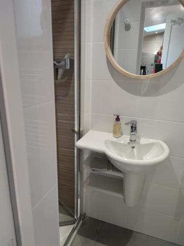 a white bathroom with a sink and a mirror at Gîte de Cantilly meublé de tourisme 3 étoiles *** in Bacilly