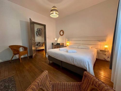 une chambre avec un grand lit et un miroir dans l'établissement ARAGO1 - Appartement Tours centre sur jardin, à Tours