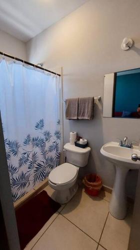 a bathroom with a shower and a toilet and a sink at House 5 min by the beach, with wide open garage. in Mazatlán