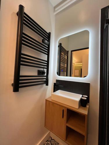 une salle de bain avec un lavabo et un miroir dans l'établissement Appartement familial 6 couchages, à Nancy