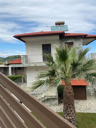 a house with a palm tree in front of it at Βεράντα στο Αιγαίο in Kókkinon Nerón