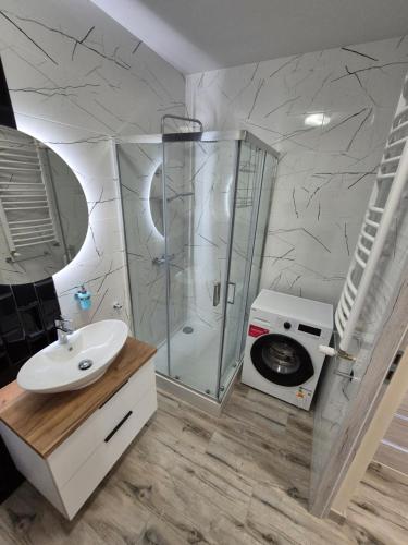 a bathroom with a shower and a sink at Apartament szmaragdowy z klimatyzacją in Włocławek