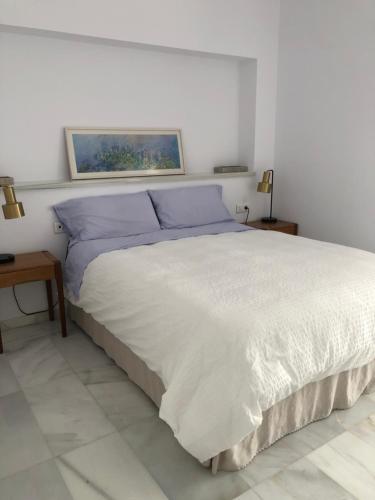 ein Schlafzimmer mit einem großen weißen Bett mit blauen Kissen in der Unterkunft Juliana 3 home in Sevilla