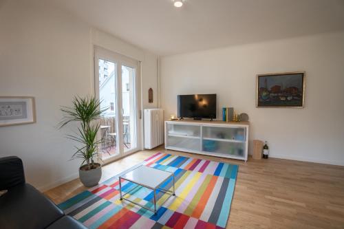 a living room with a television and a colorful rug at Jungstay Apartments- near Basel in Basel