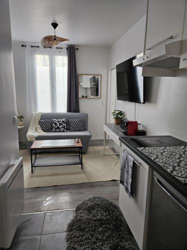 un petit salon avec un canapé et une cuisine dans l'établissement Studio Stade de France 15 pour 4 personnes, à Saint-Denis