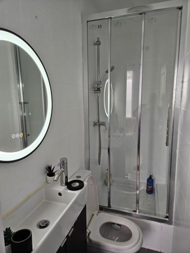 une salle de bain avec une douche, des toilettes et un lavabo dans l'établissement Studio Stade de France 15 pour 4 personnes, à Saint-Denis
