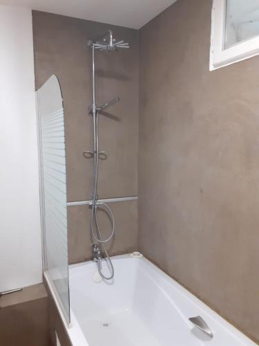La salle de bains est pourvue d'une baignoire et d'une douche. dans l'établissement Sète - Cœur de ville et Halles, à Sète