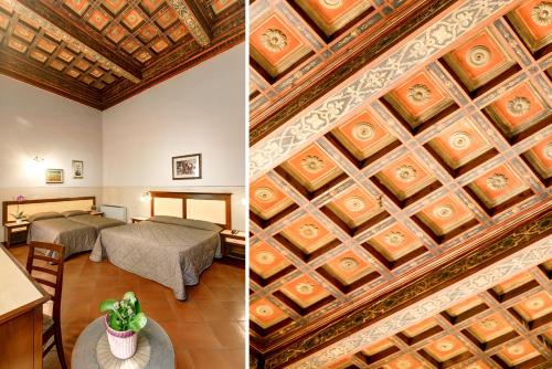 two pictures of a bedroom with a coffered ceiling at Hotel Arno Bellariva in Florence