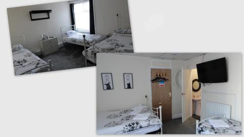 two pictures of a room with two beds and a television at 100 Pipers Hotel in Blackpool