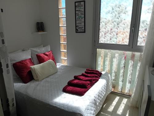 une chambre avec un lit avec des oreillers rouges et une fenêtre dans l'établissement Résidence au soleil avec Piscine à 150m de la plage - Barcarès, au Barcarès