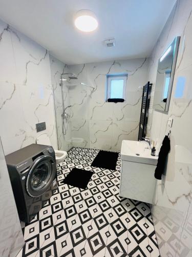 a bathroom with a sink and a washing machine at Apartment Riviéra Centrum, private parking and smart check in in Banská Bystrica
