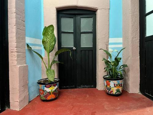 dos macetas sentadas frente a una puerta en Casona colonial en pleno centro histórico, en Zacatecas