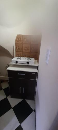 eine Küche mit einem Waschbecken und einem schwarz-weißen Boden in der Unterkunft lugar tranquilo in Vicente López