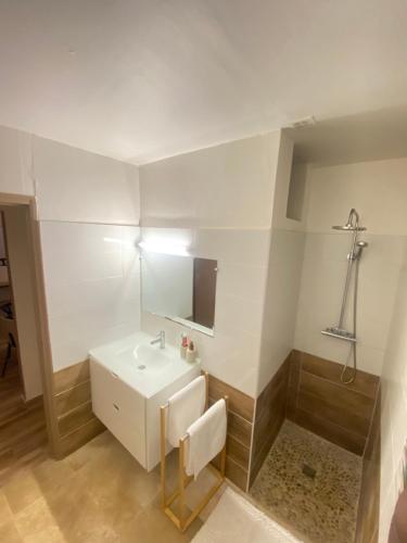 Baño blanco con lavabo y espejo en L'hibicus en Sainte-Marie