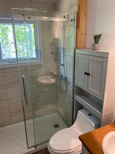 a bathroom with a shower and a toilet at La Belle Nature in Saint Ludger de Milot