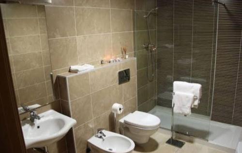 uma casa de banho com um WC, um lavatório e um chuveiro em Alquileres Temporarios Darío em Maipú