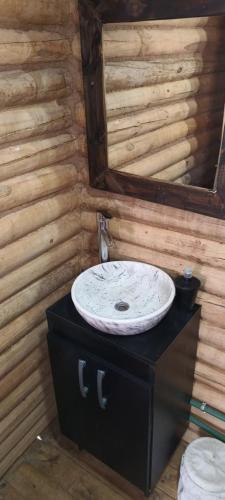 a bathroom with a sink and a mirror on a wooden wall at Cabaña Rincón del Sol in Potrerillos