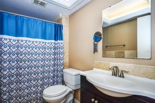 a bathroom with a sink and a toilet and a mirror at Executive Pool Home in Tampa