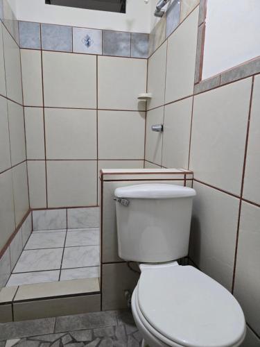 a bathroom with a toilet and a shower at Rohrmoser Geromax parque avion in San José