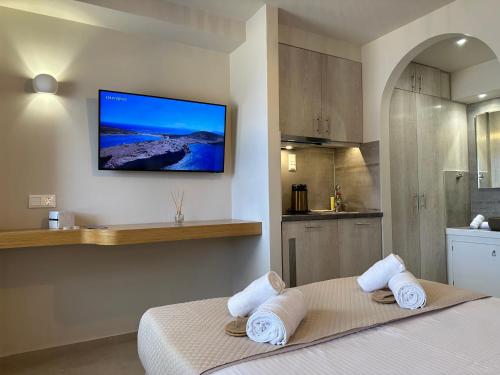 1 dormitorio con 1 cama y TV en la pared en Amorgos Delight, en Egíali
